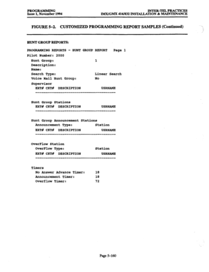 Page 524PROGRAMMING INTER-TELPRACTrCES 
Issue 1, November 1994 lMX/GMX 416/832 INSTALLATION & MAINTENANCE 
FIGURE 5-2. CUSTOMIZED PROGRAMMING REPORT SAMPLES (Continued) -> 
:, 
HUNT 
GROUP REPORTS: 
PROGRAMMING REPORTS - HUNT GROUP REPORT Page 1 
Pilot Number: 2000 
Hunt Group: 1 
Description: 
Name: 
Search Type: Linear Search 
Voice Rail Hunt Group: No 
Supervisor 
EXT# CKT# DESCRIPTION USRNAME 
-____-_______-___-__~~--~-~---~~~~~ 
Hunt Group Stations 
EXT# CKT# DESCRIPTION USRNAME...