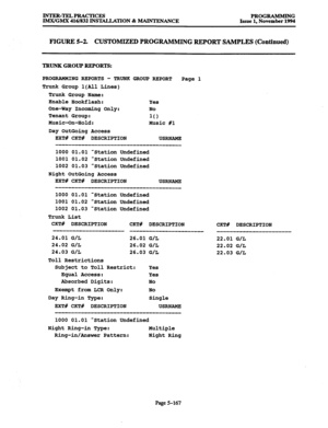 Page 531INTER-TELPRACTICES PROGRAMMING 
IMX/GMX 416/832 INSTALLATION & MAINTENANCE Issue 1, November 1994 
FIGURE 5-2. CUSTOMIZED PROGRAMMING REPORT SAMPLES (Continued) 
TRUNK GROUP REPORTS: 
PROGRAMMING REPORTS - TRUNK GROUP REPORT 
Page 1 
Trunk Group l(Al1 Lines) 
Trunk Group Name: 
Enable Hookflash: Yes 
One-Way Incoming Only: No 
Tenant Group: 
10 
Music-On-Hold: 
Music #l 
Day OutGoing Access 
EXT# CKT# DESCRIPTION USRNAME 
_---__--_--_______-_~~~~~~~~~~--~~~- 
1000 01.01 Station Undefined 
1001 01.02...