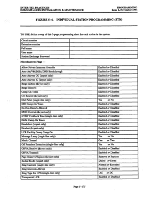 Page 539INTEaTELPRACTICES PROGRAMMING 
IMX/GMX 416/832 INSTALLATION & MAINTENANCE Issue 1, November 1994 
FIGURE 5-4. INDIVIDUAL STATION PROGRAMMING (SIN) 
TO USE: Make a copy of this 3-page progr amming sheet for each station in the system. 
Circuit number 
Extension number 
Full name 
User name 
Station Exchange Password 
Miscellaneous Flags - 
Enabled or Disabled 
Page S-175  