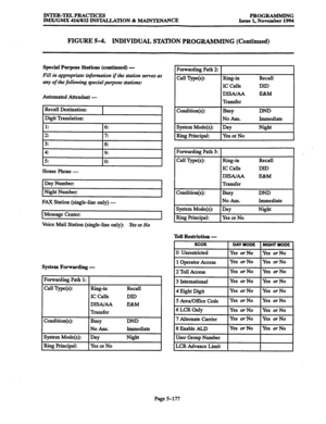 Page 541INTER-TELPRACTICES PROGRAMMING 
IMX/GMX 416/832 INSTALLATION & MAINTENANCE Issue 1, November 1994 
FIGURE 5-4. INDIVIDUAL STATION PROGRAMMING (Continued) 
Special Purpose Stations (continued) - 
Fill in appropriate information if the station serves as 
any of the following 
special purpose stations: 
Automated Attendant - 
House Phone - 
Day Number: 
Night Number: 
FAX Station (single-line only) - 
Message Center: 
I 
Voice Mail Station (single-line only): 
Yes or No 
System Forwarding - 
Condition(s):...