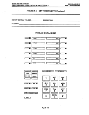 Page 543INTER-TELPRAcTrcEs IMX/GMX 416/832 INS’IXLLATION & MAINTENANCE PROGRAMMING Issue 1. November 1994 
FIGURE 5-5. KEY ASSIGNMENTS (Continued) 
KEYSET KEY MAP NUMBER: 
DESCRIF’TION: 
SIXIONS: 
STANDARD DIGITAL KEYSET 
I’ WI 
I I 
SD1 
I -2 
I I SD2 
I -3 
I I SD3 
1 CALL’ 
I I SD4 
III 
I I SD5 
I- I I 
CNF 
I ANSWER I I OUTGOING 
1 
Page 5-179  