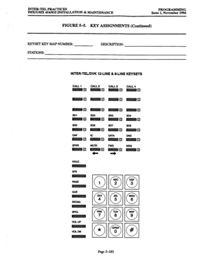 Page 547lNTER-TELPRAcTIcEs 
IMX/GMX 416/832 INSTALLATION & MAINTENANCE PROGRAMMING 
Issue 1. November 1994 
FIGURE 5-5. 
KEY ASSIGNMENTS (Continued) 
KEYSET KEY h4AP NUhfBEIk DEXXIPTIONz 
Sl-KITONS: 
INTER-TEL/DVK 12.LINE & &LINE KEYSETS 
CALL2 CALLS CALL4 q q q 
Page 5-183  