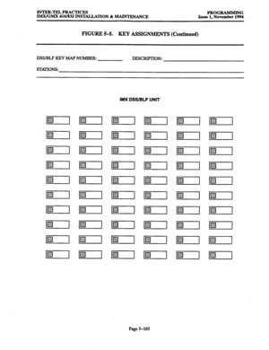 Page 549INTER-TELPRACTICES PROGRAMMING IMX/GMX 416/832 INSTALLATION & MAINTENANCE Issue 1, November 1994 
FIGURE 5-5. KEY ASSIGNMENTS (Continued) 
DSWBLF KEY MAP NUMBER: 
DESCRIPTION: 
STKI’IONS: 
IMX DSS/BLF 
UNIT 
Page 5-185  