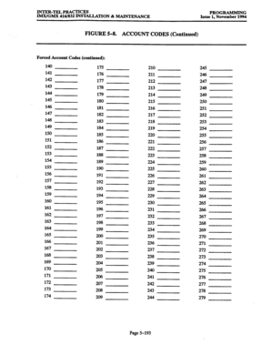 Page 557INTER-TELPRACTICES 
lMX/GMX ~~~/~~~~SMLLATION&IUIN~N~CE PROGRAMMING 
Issue 1, November 1994 
FIGURE 5-8. 
ACCOUNT CODES (Continued) 
Forced Account Codes (continued): 
140. 
175 
210 245 
141 
176 
211 246 
142 
177 
212 247 
143 
178 
213 248 
144 
179 
214 249 
145 
180 
215 250 
146 
181 
216 251 
147 
182 
217 252 
148 
183 
218 
253 
149 
184 
219 254 
150 
185 
220 
255 
151 
186 
221 256 
152 
187 
222 257 
153 
188 
223 258 
154 
189 
224 
259 
155 
190 
225 260 
156 
191 
226 
261 
157 
192 
227...