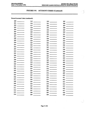 Page 558PROGRAMMING 
Issue 1, November 1994 INTER-TELPRACTICES 
lMX/GMX 416/832 INSTAJLATION & MAINTENANCE 
FIGURE 5-8. ACCOUNT CODES (Continued) ‘ :i 
_ /j’ 
Forced Account Codes (continued): 
280 315 
350 385 
281 
316 
351 386 
2.82 
317 
352 387 
283 
318 
353 388 
284 
319 
354 389 
285 
320 
355 390 
286 
321 
356 391 
287 
322 
357 392 
288 
323 
358 393 
289 
324 
359 394 
290 
325 
360 395 
291 
326 
361 396 
292 
327 
362 397 
293 
32.8 
363 398 
294 
329 
364 399 
295 
330 
365 400 
296 
331 
366 
401...