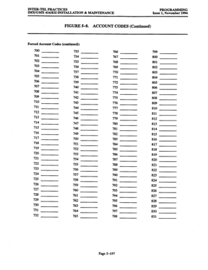 Page 561INTER-TELPRACTICES PROGRAMMING 
IMX/GMX 416/832 INSTALLATION & MAINTENANCE Issue 1. November 1994 
FIGURE 5-8. ACCOUNT CODES (Continued) 
Forced Account Codes (continued): 
700 
701 
702 
703 
704 
705 
706 
707 
708 
709 
710 
711 
712 
713 
714 
715 
716 
717 
718 
719 
720 
721 
722 
723 
724 
725 
726 
727 
728 
729 
730 
731 
732 733 
766 
799 
734 
767 800 
735 
768 
801 
736 
769 
802 
737 
770 803 
738 
771 
804 
739 
772 805 
740 
773 
806 
741 
774 
807 
742 
775 
808 
743 
776 
809 
744 
777...