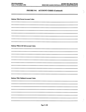 Page 562PROGRAMMING 
Issue 1, November 1994 INTER-TELPRACTICES 
IMX/GMX 416/832 INSTALLATION & MAINTENANCE 
FIGURE 5-8. ACCOUNT CODES (Continued) 
Stations With Forced Account Codes: 
Stations With LCR Toll Account Codes: 
Stations With Validated Account Codes: 
Page 5-198  