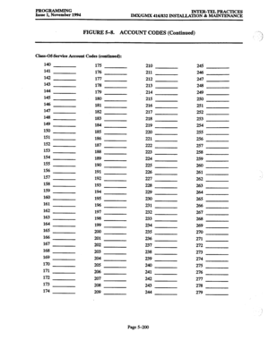 Page 564PROGRAMMING 
Issue 1, November 1994 INTER-TELPRACTICES 
IMX/GMX 416/832 INSTALLATON & MAINTENANCE 
FIGURE 5-8. 
ACCOUNT CODES (Continued) 
Class-Of-Service Account Codes (continued): 
140 
175 
210 245 
141 
176 
211 246 
142 
177 
212 247 
143 
178 
213 248 
144 
179 
214 249 
145 
180 
215 250 
146 
181 
216 
251 
147 
182 
217 252 
148 
183 
218 253 
149 
184 
219 254 
150 
185 
220 255 
151 
186 
221 256 
152 
187 
222 257 
153 
188 
223 
258 
154 
189 
224 259 
155 
190 
225 
260 
156 
191 
226 
261...