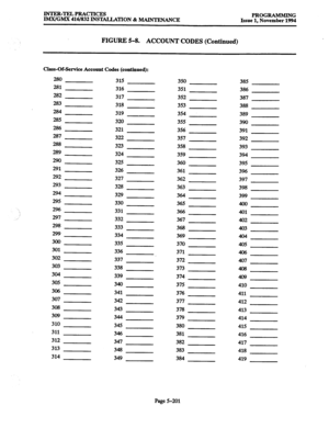 Page 565INTER-TELPRACTICES 
IMX/GMX 416/832 INSTALLATION % MAINTENANCE PROGRAMMING 
Issue 1, November 1994 
FIGURE 5-8. 
ACCOUNT CODES (Continued) 
Class-Of-Service Account Codes (continued): 
280 
281 
282 
283 
2.84 
285 
286 
287 
288 
289 
290 
291 
292 
293 
294 
295 
296 
297 
298 
299 
300 
301 
302 
303 
304 
305 
306 
307 
308 
309 
310 
311 
312 
313 
314 315 
316 
317 
318 
319 
320 
321 
322 
323 
324 
325 
326 
327 
328 
329 
330 
331 
332 
333 
334 
335 
336 
337 
338 
339 
340 
341 
342 
343 
344...