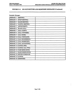 Page 570PROGRAMMING INTER-TELPRACTICES 
Issue 1, November 1994 
IMX/GMX 416/832 lNSTALLATION & MAINTENANCE 
FIGURE 5-9. DO-NOT-DISTURB AND REMINDER MESSAGES (Continued) 
Reminder Messages: 
Page 5-206  