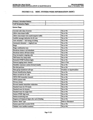 Page 577INTRR-TJZLPRACTICRS 
IMX/GMX 416/832 INSTALLATION & MAINTENANCE PROGRAMMING 
Issue 1, November 1994 
FIGURE 5-12. MISC. SYSTEM-WIDE INFORMATION (MISC) 
1 Primary Attendant Station: I I 
Call Termination Digits: 
System Plags: I 
I 
Account code class of service 
Allow cross-tenant traffic 
Allow cross-tenant voice mail/computer traffic Yes or No 
Yes or No 
Yes or No 
Audible message indication for SL sets 
1 Yes or No 
1 I 
Auto attendant - dial during recording 1 Yes or No I 
Automated attendant -...