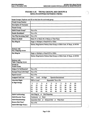 Page 600PROGRAMMING 
INTER-TELPRACTICES 
Issue 1, November 1994 IMX/GMX 416/832 INSTALLATION & MAINTENANCE 
FIGURE 5-25. TRUNK GROUPS, DID GROUPS & 
RING-IN/ANSWER PAmRNS (TRNK) 
‘Dunk Groups: Duplicate and fill out this form for each trunk group. 
lhmk 
Group Number 
Description & Username 
Tenant Group 
E&M ‘Dunk Group? Yes or No 
Enable Hooknash? Yes or No 
One-Way Incoming Only? Yes or No 
Music-On-Hold 
Music #l or Music #2 or Silence or Tick Tones 
Day Ring-In Single or Multiple or Hunt/LED or DISA...