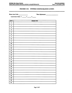 Page 611INTER-TELPRACTICES PROGRAMMING 
IMX/GMX 416/832 INSTALLATION & MAINTEWANCE Issue 1, November 1994 
FIGURE 5-35. SYSTEM CONFIGURATION (CONF) 
Home Area Code: Time Adjustment: 
Local Area Codes: 2 
-3, -  4 
SLOT 1 BOARD TYPE 
9 I 
lo I 
11 
12 
13 
15 
16 
17 
18 I 
l9 
I 
20 
21 
22 
23 
24 
26 I 
27 I 
Page 5-247  