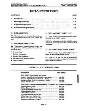 Page 655INTER-TELPRACTICES 
IMX/GMX 416/832 INSTALLATION & MAINTENANCE REPLACEMENTPAR’IS 
Issue 1, November 1994 
REPLACEMENT PARTS 
CONTEND PAGE 
1. Introduction ......................................................... 7-l 
2. Ordering Procedure 
.................................................. 7-l 
3. Replacement Parts List ............................................... 7-l 
4. Recommended Spare Parts ............................................ 7-l 
1. INTRODUCTION 
1.1 This section provides the...