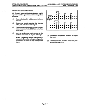 Page 668INTER-TELPRACTICES 
APPENDIX A- GX STATION INSTRUMENTS 
IMX/GMX 416/832 INSTALLATION % MAINTENANCE Issue 1, November 1994 
External Desk Speaker Installation 
3.8 
To attach an external &ohm desk speaker to a GX 
keyset for handsfiee operation on outside calls, perform 
these steps: 
(1) 
(2) 
(3) 
(4 
Remove the baseplate and disconnect the keyset 
line cord. 
Remove the modular shorting plug from the 
SPKR jack on the base of the keyset. 
Connect the modular plug on the end of the ex- 
ternal speaker...