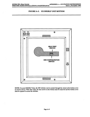 Page 670INTER-TELPRACTICES APPENDIXA-GX STATION INSTRIJMENT# lMX/GMX 416/832 INSTALLATION & MAINTENANCE Issue 1, November 1994 
FIGURE A-3. GX DSS/BLF UNIT BO’ITOM 
.:.:,::::::::::: 
cl ~;gJ~,:~$; .:.L:.~.:.:. 
::::::.:.:.:.:.: 
:.:.~.:.:.:.:.:. 
DSS CONFIGURATION 
SWITCH 
$ y,:; 
i.3 w 
.:m.. 
%__, 
 
8 
NOTE: On most DSS/BLF Units, the DIP switches can be reached through the cutout in the bottom cover 
(as shown above). With other units, the four screws on the bottom must be removed and the bottom cover 
must...