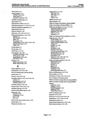 Page 697INTER-TELPRAcrIcEs INDEX IMX/GMX 416/832 INSTALLATION & MAINTENANCE 
Issue 1, November 1994 
Return policy, 641 
Reverse transfer, 4-73 
DWBLF unit, 4-104 
feature code, 4-7 
immediate connection, 5-69 
RFIEMI troubleshooting, 6-16 
Ring cadence, s-31 
Ring generator module, 2-10,2-11 
Ring intercom always, 4-7.4-55, S-31.5-52 
Ring pitch adjustment, installation, A-2 
Ring principal once, 541 
Ring tone selection, 4& 
Ring zones, 4-25,4-49, S-32,5-51 
Ring-in/answer’pattems, 4-24, S-107 
capacity, l-8...