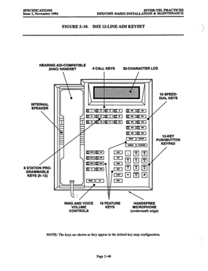 Page 74SPECIFICATIONS 
Issue 1, November 1994 INTER-TELPRACTICES 
JMX/GMX 416/832 INSTALLATION & MAINTENANCE 
FIGURE 2-10. IMX 1ZLINE AIM KEYSET 
HEARING AID-COMPATIBLE 
(HAC) HANDSET 4 CALL KEYS =-CHARACTER LCD 
10 SPEED- 
DIAL KEYS 
INTERNAL 
SPEAKER 
/ 
8 STATION PRO- 
GRAMMABLE 
KEYS (5-12) 
RING AND VOICE 18 FEATURE HANDSFREE 
VOLUME KEYS MICROPHONE 
CONTROLS (underneath edge) 
/ 
12-KEY 
‘USHBUlTON 
KEYPAD 
/ 
NOTE: The keys are shown as they appear in the default key map configuration. 
Page 2-46  