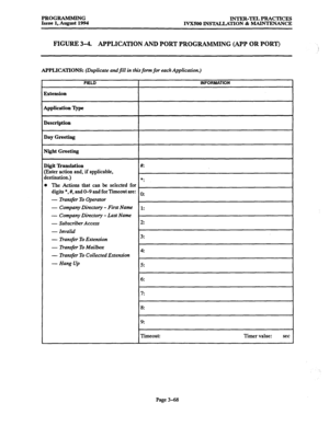 Page 118PROGRAMMING 
INTER-TEL PRACTICES Issue 1, August 1994 
IVX500 INSTALIATION 8z MAINTENANCE 
FIGURE 3-4. APPLICATION AND PORT PROGRAMMING (APP OR PORT) 
APPLICATIONS: (Duplicate andjill in this form for each Application.) 
L 
FIELD 
I INFORMATION 
Zxtension 
4pplication Qpe 
Description 
Day Greeting 
Vight Greeting 
Digit Wanslation #: 
‘Enter action and, if applicable, 
iestination.) 
*. 
D The Actions that can be selected for 
digits *, #, and O-9 and for Timeout are: 
0: 
- 
Transfer To Operator 
-...