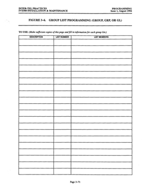 Page 121INTER-TEL PRACTICES 
PROGRAMMING 
IVXSOO INSTALLATION & MAINTENANCE 
Issue 1, August 1994 
FIGURE 3-6. 
GROUP LIST PROGRAMMING (GROUP, GRP, OR GL) 
TO USE: (Make suficient copies of thispage andfill in information for each group list.) 
DESCRIPTION 
LIST NUMBER 
LIST MEMBERS 
Page 3-71  