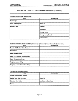 Page 124PROGRAMMING 
Issue 1, August 1994 INTER-TEL PRACTICES 
IVXSOO INSTALLATION & MAINTENANCE 
FIGURE 3-8. MISCELLANEOUS PROGRAMMING (Continued) 
TELEPHONE SYSTEM INTERFACE: 
FIELD 
System Type 
Voice Talk Support? 
Feature Codes 
INFORMATION 
Yes or No 
Transfer: 
Reconnect: 
Message Lamp: 
Message Lamp Cancel: 
Call Initiation: 
REMOTE NOTIFICATION TABLES: (Make (I copy offhis chart for each Remote Notification Table.) 
FIELD lNFORMATlON 
Remote Notification Table Number: 
Description 
Pager Answer String...