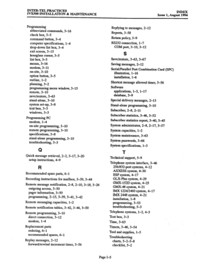 Page 175Programming 
abbreviated commands, 3-16 
check box, 3-5 
command button, 3-4 
computer specifications, l-4 
drop-down list box, 3-4 
exit screen, 3-15 
hourglass cursor, 3-5 
list box, 3-3 
menus, 3-16 
modem, 3-11 
on-site, 3-10 
option button, 3-5 
outline, l-2 
planning, 3-2 
programming menu window, 3-15 
remote, 3-10 
save/restore, 3-63 
stand-alone, 3-10 
system set-up, 3-8 
text box, 3-3 
windows, 3-3 
Programming PC 
modem, l-4 
on-site programming, 3-10 
remote programming, 3-10 
specifications,...