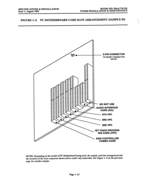 Page 19SPECIFICATIONS & INSTALLATION INTER-TELPRACTICES 
Issue 1, August 1994 IVX500 INSTALLAnON & MAINTENANCE 
FIGURE 1-5. PC MOTHERBOAFtD CARD SLOT ARRANGEMENT (SAMPLE #2) * 
., 
1’ 
_ 2-PIN CONNECTOR 
TO RESET CONNECTOR 
ON AIC 
- DO NOT USE 
AUDIO INTERFACE 
CARD (AIC) 
4TH VPC 
3RD VPC 
2ND VPC 
1ST VOICE PROCESS- 
ING CARD o/PC) 
DISK CONTROLLER 
COMBO CARD 
NOTE: Depending on the model of PC Motherboard being used, the sample card slot arrangement and 
the location of the reset connector shown above...