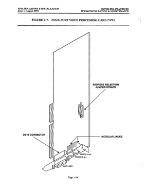 Page 21SPECIFICATIONS 2% INSTACLATION INTER-TEL PRACTICES 
Issue 1, August 1994 IVX500 INSTALLATION 81 MAINTENANCE 
FIGURE l-7. FOUR-PORT VOICE PROCESSING CARD (VPC) .‘-:>\, 
3 
/’ 
DB15 
CONNECTOR ADDRESS SELECTION 
JUMPER STRAPS 
MODULAR JACKS 
Page 
1-14  