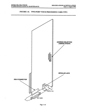 Page 22INTER-m PRACTICES 
II%500 INSTAUATION & MAINTENANCE SPECIFICATIONS & INSTALLATION 
Issue 1, August 1994 
FIGURE l-8. TWO-PORT VOICE PROCESSING CARD (WC) 
DB15 CONNECTOR ADDRESS SELECTION 
JUMPER STRAPS 
MODULAR JACK 
Page l-15  