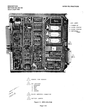 Page 11DESCRIPTION 
SECTION 340-100-100 
Issue 3, April 1983 INTER-TEL PRACTICES 
n I GENERIC ROM MEMORY 
n 2 
DIP SWITCHES 
I PROGRAM 
2 REST 
3 INIT 
4 TEST 
5 UNUSED 
n 3 RS-232 AMPHENOL CONNECTOR 
n 4 BATTERY JUMPER 
Figure 1-1. MPK CPU PCB 
Page l-10  