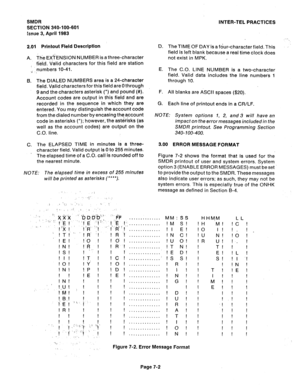 Page 103SMDR 
INTER-TEL PRACTICES 
SECTION 340-100-601 
issue 3, April 1983 
2.01 Printout Field Description 
A. T,h’e EXrENSlON NUMBER is a three-character 
fi&i. Valid characters for this field are station 
Ii numbers 10-41. D. The TIME OF DAY is a f&r-character field. This 
field is left blank because a real time clock does 
not exist in MPK. 
B. The DIALED NUMBERS area is a 24-character 
field. Valid characters for this field are 0 through 
9 and the characters asterisk (*) and pound (#). 
Account codes are...