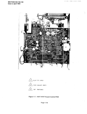 Page 17SECTION 340-100-100 
Issue 3, April 1983 
A I 5.0V T.P. (VR2) 
n 2 
50V ADJUST (R67) 
DIP SWITCHES 
..---.- .--. .._.- ..I-- 
Figure l-7. 416Tkl932T Keyset Control PCB 
Page l-16  