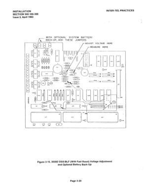 Page 65INTER-TEL PRACTICES 
INSTALLATION 
SECTION 340-100-300 
Issue 3, April 1983 
WITH OPTIONAL SYSTEM BATTERY 
r BACK-UP. ADD THESE JUMPERS 
/- 
ADJUST VOLTAGE HERE 
,-MEASURE HERE 
- 1 
Figure 3-15. 3030D DSS/BLF (With Fast Reset) Voltage Adjustment 
and Optional Battery Back-Up 
Page 3-20  