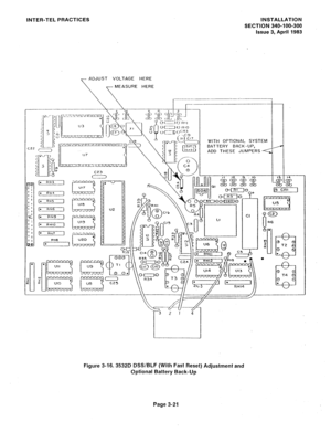 Page 66INTER-TEL PRACTICES INSTALLATION 
SECTION 340-100-300 
issue 3, April 1983 
ADJUST VOLTAGE HERE 
MEASURE HERE 
c23 
I- 
. RN4 
1 IVIT 
. 
P”5 . 
. 9llx3 
Ul0 
nNG 
J” U2 
’ . n 
. 
RN3 I p”“4 VI3 
. 
RN!0 
BATTERY BACK -UP, 
ADD THESE JUMPERS  WITH OPTIONAL SYSTEM 
Figure 3-16. 3532D DSS/BLF (With Fast Reset) Adjustment and 
Optional Battery Back-Up 
Page 3-21  