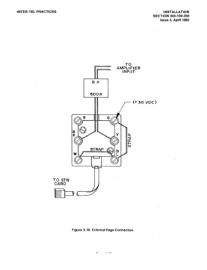 Page 68INTER-TEL PRACTICES 
INSTALLATION 
SECTION 340-100-300 
Issue 3, April 1983 
/ 
(+ 36 VDC ) 
Figure 3-18. External Page Connection 
Page 3-23  