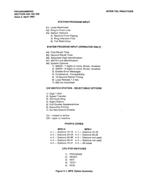 Page 77PROGRAMMING 
SECTION 340-100-400 
issue 3, April 1983 INTER-TEL PRACTICES 
STATION PROGRAM INPUT 
#I) Lines Restricted 
#2) Ring In From Line 
#3) Station Options 
2) Remove From Paging 
4) Ring Intercom First 
6) Toll Restriction 
SYSTEM PROGRAM INPUT (OPERATOR ONLY). 
#4) First Recall Time 
#5) Second Recall Time 
#6) Absorbed Digit Identification 
#7) WATS Line identification 
#8) System Options 
1) SMDR - 7 digits or more, 30 sec. duration 
2) SMDR - 8 digits or more, 30 sec. duration 
3) Enable...