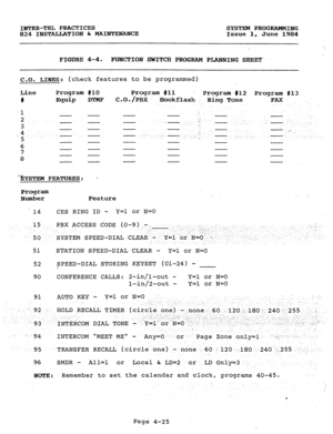 Page 105INTER-TEL PRACTICES SYSTEM PROGRAMMING 
824 INSTALLATION h MAINTENANCE Issue 1, 
June 1984 
FIGURE 4-4. FUNCTION SWITCH PROGRAM PLANNING SHEET. 
c-0. LINES: (check features to be programmed) 
Line Program #lo Program ill 
Program #12 
Program P13 
# 
Epuip 
1 
2 
3 
4 : .--- 
5 
6 
7 
8 C.O./PBX 
Hookfl ash Ring Tone 
-FAX 
. 
%YSTEM FEATURES:  
Program 
Number Feature 
14 CES RING ID - Y=l or N=O 
.15 PBX ACCESS CODE (O-9) - _! 
.I-. , ., ).. ., j 
:. -../ -, --...~ 
, 
50 SYSTEM SPEED-DIAL CLEAR-- yki...