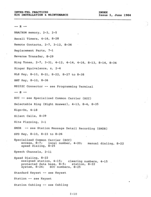 Page 185INTER-TEL PRACTICES 
INDEX 
824 INSTALLATION & MAINTF.NANCE 
Issue 1, 
June 1984 
-- -- R / 
RAM/ROM memory, 2-3, 2-5 
Recall Timers, 4-16, 8-28 
Remote Contacts, 2-7, 3-12, 8-36 
Replacement Parts, 7-l 
Reverse Transfer, 8-29 
Ring Tones, 2-7, 3-31, 4-12, 4-14, 4-16, 8-13, 8-14, 8-34 
Ringer Equivalence, x, 2-4 
RLS Key, 8-10, 8-21, 8-22, 8-27 to 8-38 
RMT Key, 8-10, 8-36 
RS232C Connector -- 
see Programming Terminal 
-- -- 
S 
see -- see Specialized Common Carrier (SCC) 
Selectable Ring (Night...