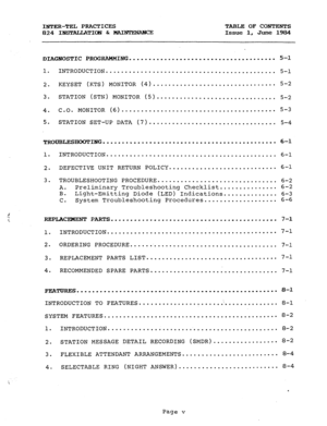 Page 3INTER-TEL PRACTICES TABLE OF CONTENTS 
824 INSTZUJATION & MAI- Issue 1, June 1984 
DIAGNOSTIC PROGRAMMING . . . . . . . . . . . . . . . . . . . . . . . . . . . . . . . . . . . . . . 5-1 
1. 
2. 
3. 
4. 
5. INTRODUCTION ............................................ 
5-l 
KEYSET (KTs) MONITOR (4) ................................ 5-2 
STATION (STN) MONITOR (5) 
............................... 
5-2 
C.0. MONITOR (6) ........................................ 
5-3 
STATION SET-UP DATA (7)..*...