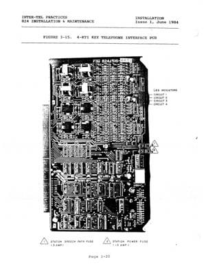 Page 61INTER-TEL PRACTICES 
INSTALLATION 
824 INSTALLATION & MAINTENANCE 
Issue 1, 
June 1984 
FIGURE 3-15. 4-KTI KEY TELEPHONE INTERFACE PCB 
LED INDICATORS 
CIRCUIT I 
CIRCUIT 2 
CIRCUIT 3 
CIRCUIT 4 
STATION SPEECH PATH FUSE 
c.3 AMP 1 STATION POWER FUSE 
( 1.0 AMP 1 
.:’ 
Page 3-30  