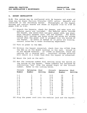 Page 67INTER-TEL PRACTICES 
824 INSTALLATION & MAINTENANCE INSTALLATION 
Issue 1, June 1984 
6. KEYSET INSTALLATION / 
6.01 The system may be configured with 24 keysetsand eight of 
them may be Power Failure Transfer (PFT) units. 
Keysets are 
installed in the following manner. 
Photographs 
of the keyset 
bottoms and control boards are shown in Figures 3-22 to 3-25 on 
pages 3-40 to 3-43. 
(1) Unpack the keysets, check for damage, and make sure all 
modular parts are included. 
The modular parts include 
the...