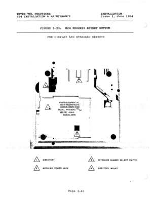 Page 72INTER-TEL PRACTICES 
INSTALLATION 
824 IrJSTALIATION h MAINTENANCE 
Issue 1, June 1984 
FIGURE 3-23. 824 PHOENIX KEYSET BOTTOM 
FOR DISPLAY AND STANDARD KEYSETS 
i 
: 
: Y-A 
a;; 
INTER-TEL@ EGUIPMEM, INC. .’ 
.:. 
. f 
:; 
-- 4 I 
n 6505 W.WlLLlAMS FIELD RD. ; 
$ 
: ‘0 CHANDLER, AfUONA 85224 
MODEL PHX 824D TEL/pF .:; 
_’ 
..r ;. 
MFG. NO. 00910 
;:. MAOE IN JAPAN 
;. 
. 
2. 
:: : 
::.. 
.! 
I 
n I 
DIRECTORY 
EXTENSION NUMBER SELECT SW ITCH 
n 2 MODULAR POWER JACK 
DIRECTORY MOUNT 
Page 3-41  