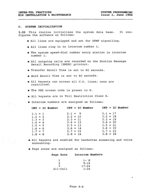 Page 86INTER-TEL PRACTICES SYSTEM PROGRAMMING 
824 INSTALLATION & MAINTENANCE Issue 1, 
June 1984 
C. SYSTEM INITIALIZATION 
3.03 This routine initializes the system data base. It con- 
figures the software as follows: 
0 All lines are equipped and set for DTMF signalling. 
l All lines ring in to intercom number 1. 
l The system speed-dial number entry station is intercom 
number 1. 
l All outgoing calls are recorded on the Station Message 
Detail Recording (SMDR) printout. 
l Transfer Recall Time is set to 60...