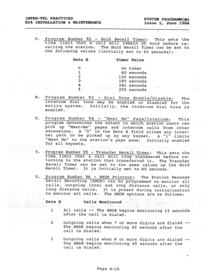 Page 96INTER-TEL PRACTICES 
824 INSTALLATION & MAINJXNANCE SYSTEM PROGRAMMING 
Issue 1, 
June 1984 
v. Program Number 92 
- Hold Recall Timer: 
This sets the 
time limit that a call will remain on hold before re- 
calling the station. 
The Hold Recall Timer can be set to 
the following values (initially set to 60 seconds): 
Data B 
Timer Value 
0 
no timer 
1 60 seconds 
2 120 seconds 
31 180 seconds 
4 240 seconds ,_ 
5 
 -,- 255 seconds 
w. Program Number 93 
- Dial Tone Enable/Disable: 
The 
intercom dial...