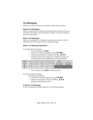 Page 107Digital Telephone User’s Guide - 95  Text Messaging 
Allows you to send text messages to the display of another system extension. 
 
System Text Messages 
Allows you to have access to frequently used messages that are common to everyone 
in the office. The messages may be 16 characters in length. A maximum of 90 may be 
stored in system memory. 
 
Station Text Messages 
Allows you to program up to 10 frequently used messages for either one-touch or 
abbreviated access. The messages may be 16 characters...