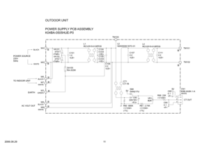 Page 125V
TM101
TM102
C1112.2
L4RCV2515-010PF05
C1072.2
TM100
L2N200500K1D7C-01
CT1CT -1B
5VD60DAN217U
C640.1
R68  22K
C650.1VR1B2K+
R61  3.74K(1%)
       C60220/16V     
R60  680K(1%)
SA100RA-302M
C1062.2
C1040.033C1050.033
C1011.0
 VA101   470V VA102   470V
B
B
B
B
B
B
B
BLACK
WHITE
TO INDOOR UNIT
POWER SOURCE230V50Hz
EAR TH
AC VOL T OUT
W5
W6BLACK
WHITEW7
GREEN W3
W8BLACK
WHITEW9
W4
L1RCV2515-010PF05
CN1B3B-XASK-1-AWHITE
CT  OUT
1
2
3
POWER SUPPL Y PCB  ASSEMBL Y
K04BA-0505HUE-P0
OUTDOOR UNIT
2006.09.29
B
B
11 