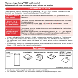 Page 2Thank you for purchasing F-02D mobile terminal.
Before using F-02D, read this manual to ensure safe use and handling.
About manuals for F-02D
The operations of F-02D are described in this manual, –MTh¨ Å (Guide)” (installed in FOMA 
terminal) and Instruction manual (detailed version) (in pdf format).
KIn this F-02D INSTRUCTION MANUAL, F-02D mobile  terminal is usually referred to as FOMA terminal.KThe images or illustration used in this manual are examples. They may differ from the actual...