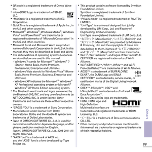 Page 10199
Others
KQR code is a registered trademark of Denso Wave 
Inc.
KmicroSDHC Logo is a trademark of SD-3C, 
LLC.
KMultitask is a registered trademark of NEC 
Corporation.
KQuickTime is a registered trademark of Apple Inc., in 
the US and other countries.
KMicrosoft, Windows, Windows Media, Windows 
Vista and PowerPoint are trademarks or 
registered trademarks of Microsoft Corporation in 
the US and other countries.
KMicrosoft Excel and Microsoft Word are product 
names of Microsoft Corporation...