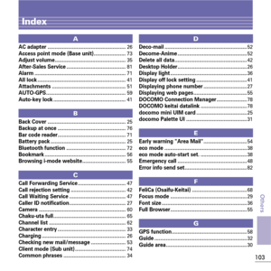 Page 105103
Others
Index
AAC adapter ......................................................26Access point mode (Base unit)......................73Adjust volume.................................................35After-Sales Service .........................................81Alarm ...............................................................71All lock .............................................................41Attachments...