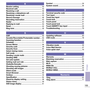 Page 107105
Others
RReceive setting ...............................................54Received calls..................................................43Receiving a call ...............................................45Receiving a videophone call ..........................45Receiving i-mode mail....................................53Record message .............................................46Recording reservation ....................................63Redial...
